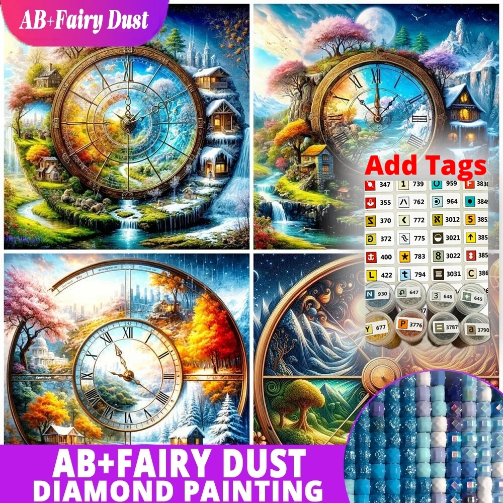 

AB Фея Пыль Алмазная Вышивка Часы Алмазная Картина Четыре сезона Пейзаж DIY 5D Полный Круглый Дрель Мозаика Набор Домашний Декор