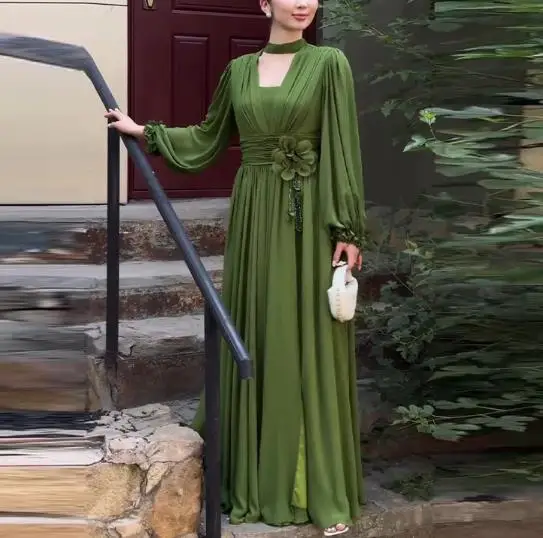 

Women Dresses 2026 Spring Autumn New Retro Solid Color High Waist Slim Fit Long Sleeve Temperament Versatile Long Dress