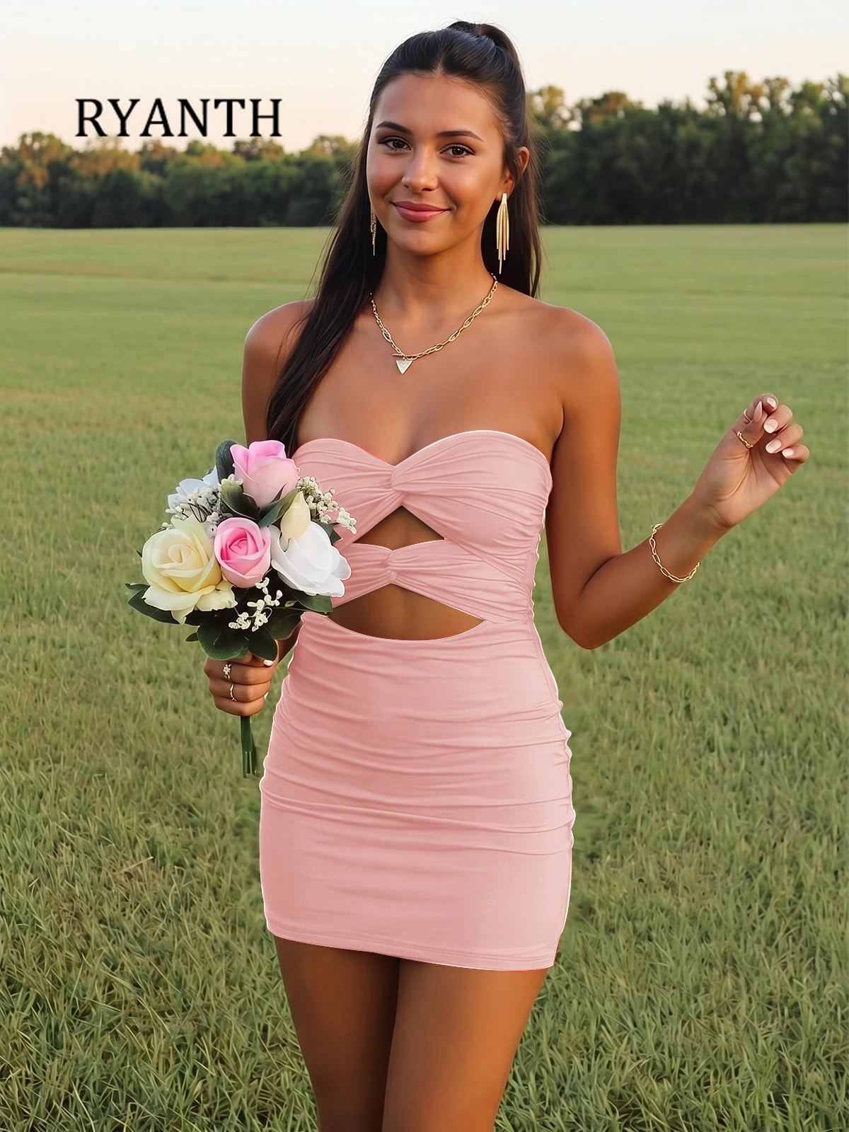 RYANTH Satin Strapless Short Homecoming Dress Cutout Sexy Prom Party Dress Tight Mini Cocktail Evening Party Gown Customized