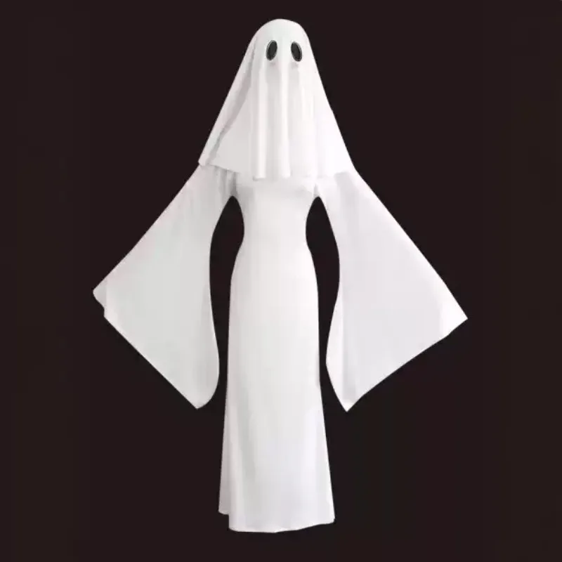 Vintage Women Ghost Halloween Outfit White Flare Sleeve Bodycon Long Dress with Veil Headcover Cosplay Party Fancy Dress