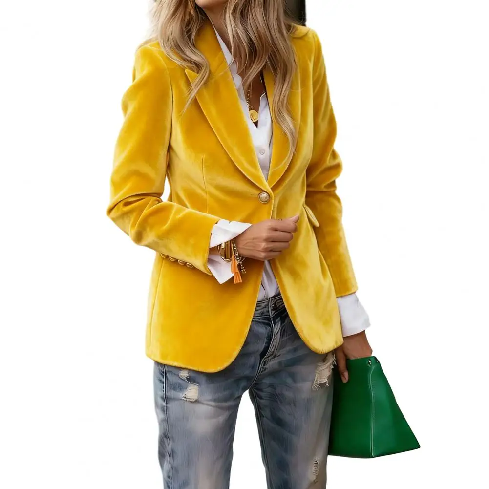 Golden Velvet Blazer Suit Coat Lapel Long Sleeve Single Button Suit Jacket with Flap Pockets Slim 3D Tailoring Outerwear