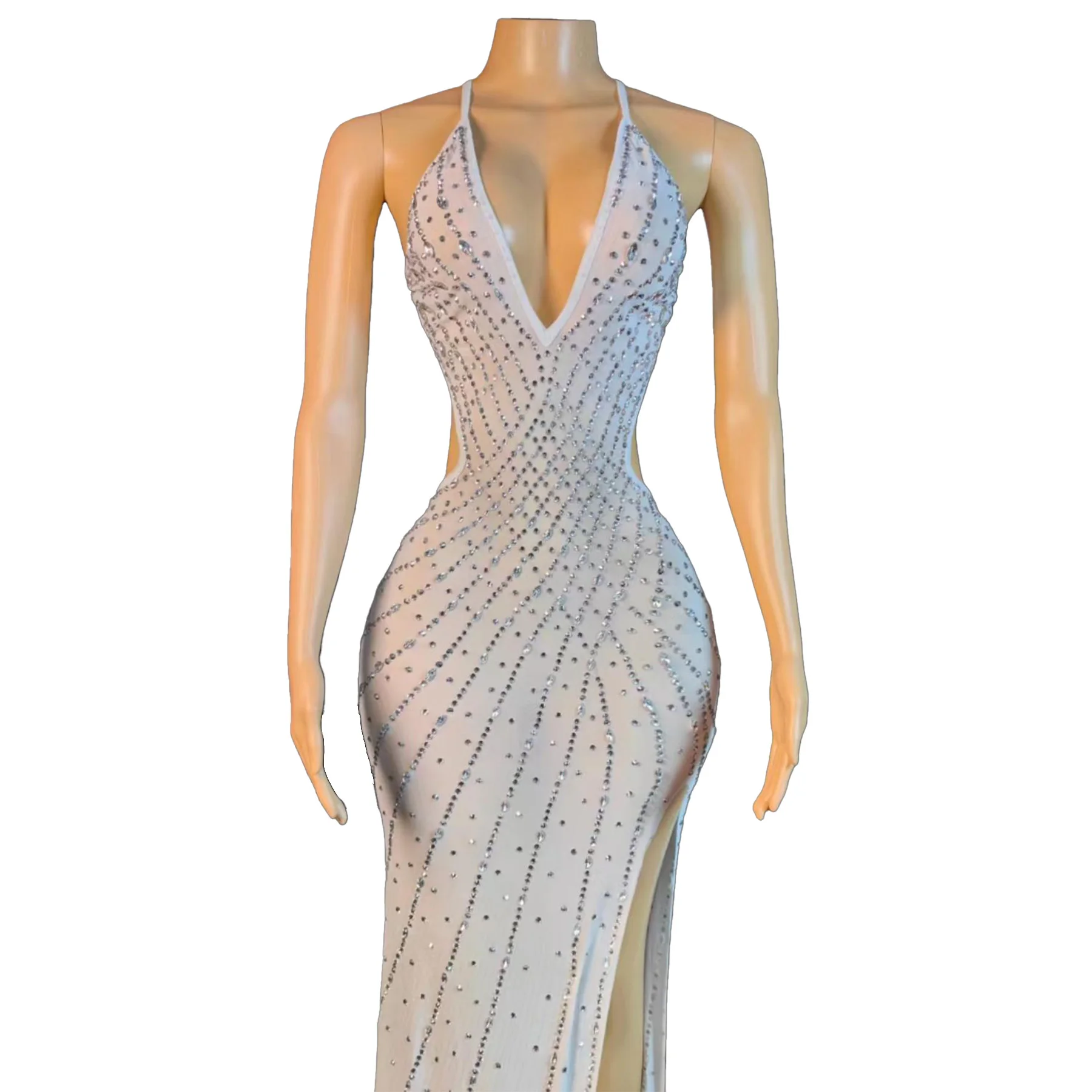 Babagan أنيقة المرأة عارية الذراعين ثوب مسائي مثير الأبيض بقماش شفاف معلقة الرقبة شق تنورة طويلة عيد ميلاد العودة للوطن فساتين حفلات