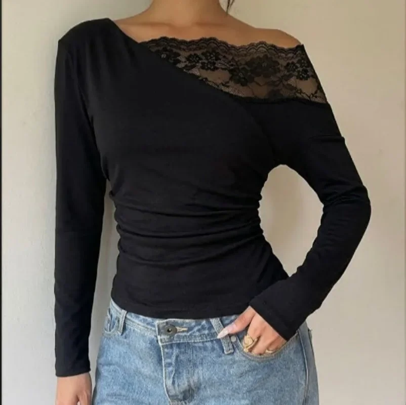 European American INS Lace Splicing Off Shoulder Long Sleeved Base Shirt Slimming Flattering Versatile Top for Women