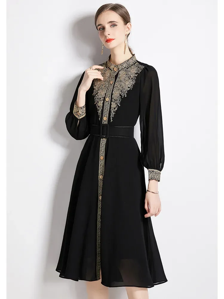 New Black Women Flower Embroidery Dress Long Lantern Sleeve Stand Collar Chiffon Smock Vintage High Waist Belted Midi Vestido
