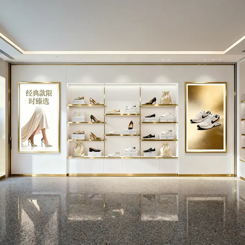 Retail Shop Shoe Display Cabinet Modern Custom Showcase LED Light Glass Door Metal Rack Locking System Heavy