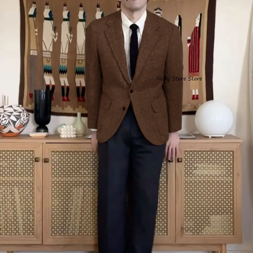 

Мужской повседневный пиджак в деловом стиле, однобортный, с отложным воротником, винтажный узор «ёлочка»