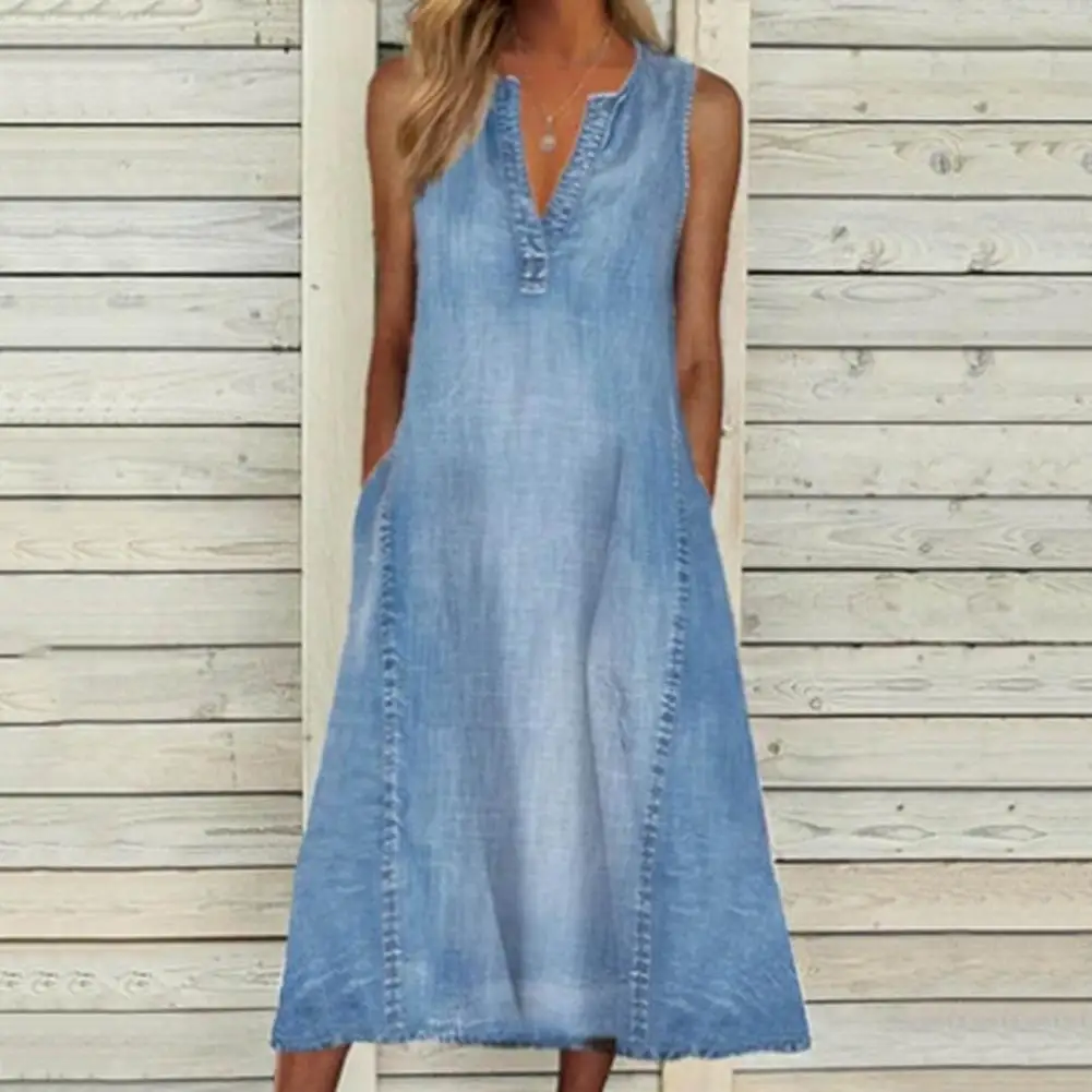 Attractive Women Solid Color A-Line Vest Dress Anti-pilling Denim Dress Pure Color Vacation Long Dress Daily Clothing