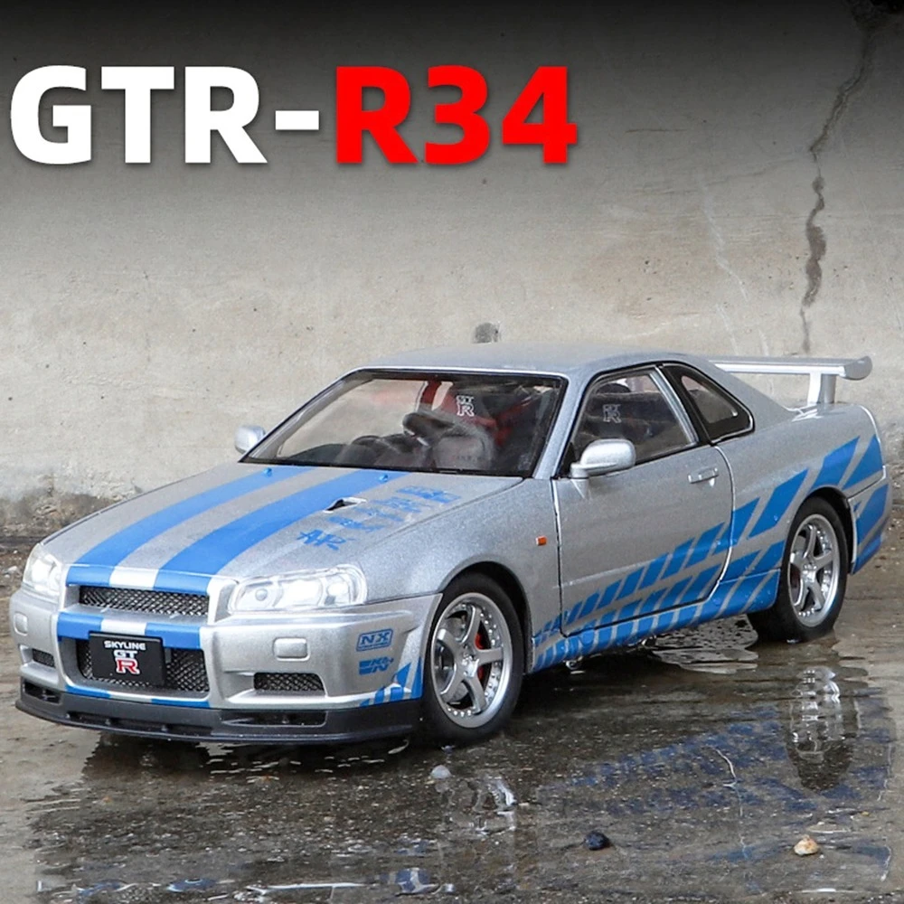 1:24 GTR-R34 modelos de brinquedo de carro esportivo liga diecast GT-R supercares som luz portas abertas puxar para trás para crianças brinquedos de entretenimento