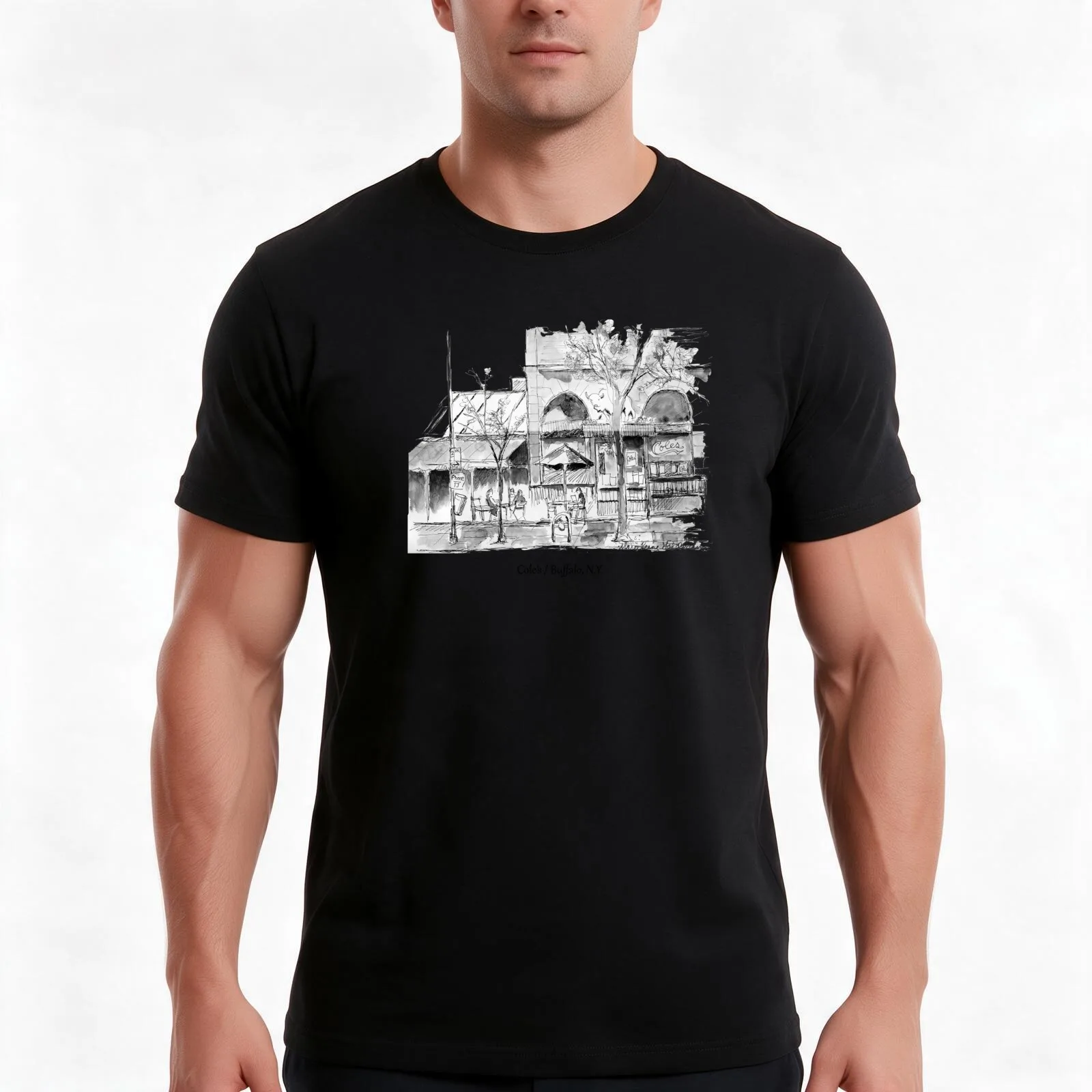 Buffalo NY Cole's Restaurant Whimsical Ink Sketch Art by Mary Kunz Goldman of Legendary Buffalo NY Bar T-Shirt Unisex Men Women