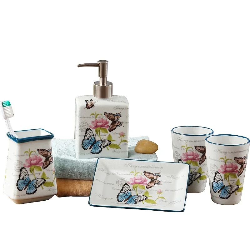 European Style Pattern Ceramic Five-piece Set Wash Kit Soap Dispenser and Mouthwash Cup Bathroom Accessories