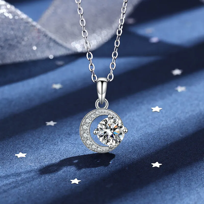 EWYA Sparkling Real 1CT Moissanite Pendant Necklace for Women Girls S925 Sterling Silver Diamond Crescent Neck Chain Necklaces