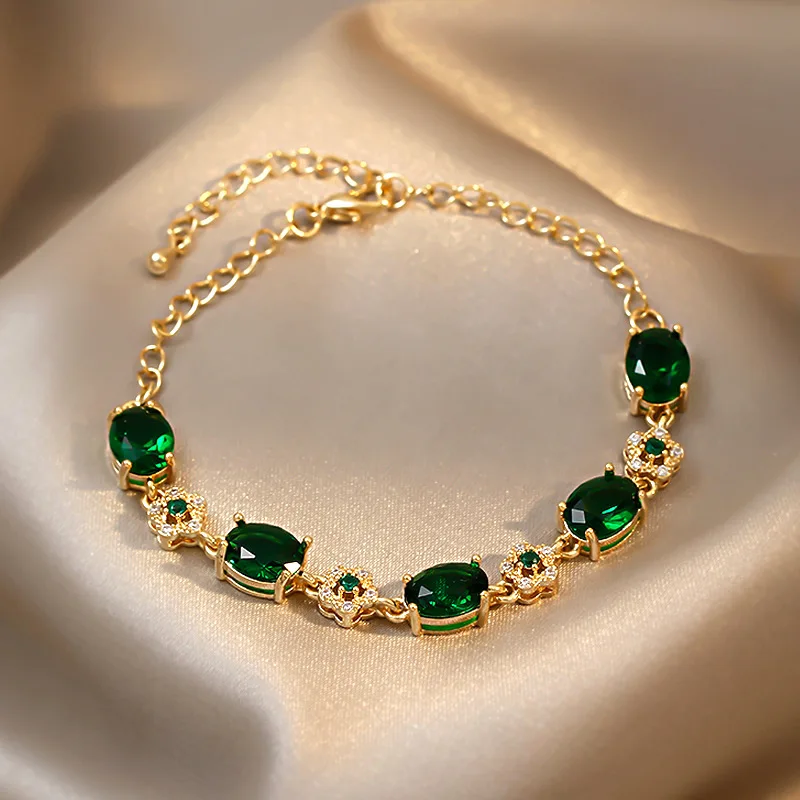 Luxury Green Rhinestone Crystal Bracelet Gold Color Link Chain Bracelets For Women Vintage Party Wedding Bridal Jewelry Gifts