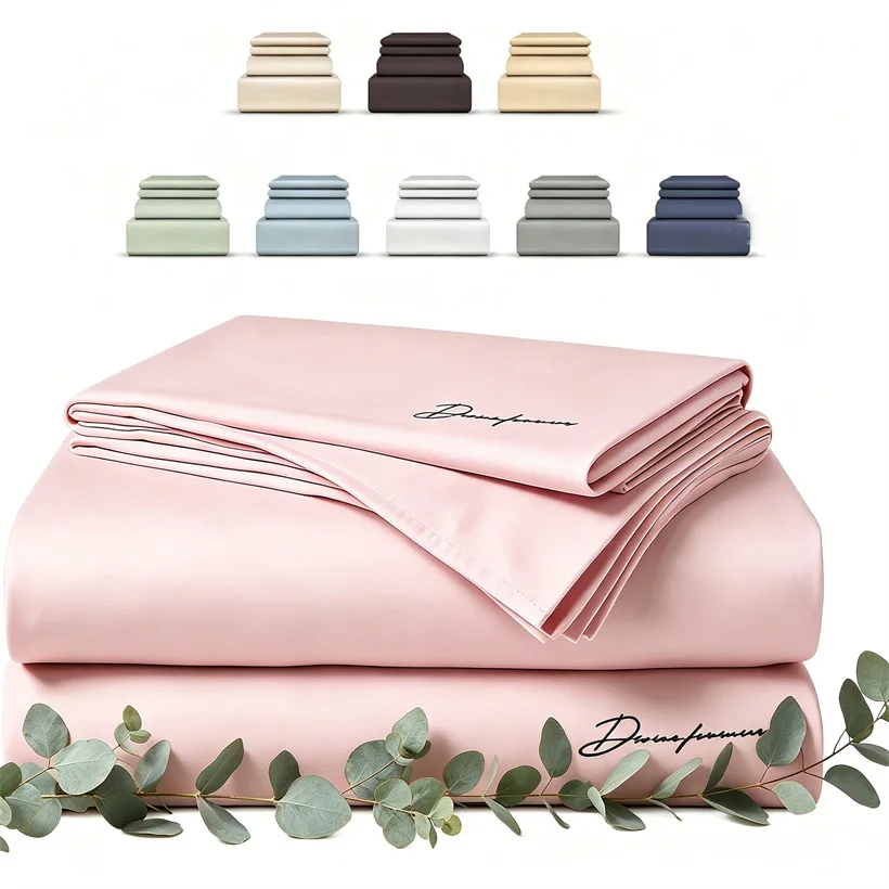 

Luxury 100% Lyocell 4/6Pcs Bed Sheet Set, Natural Eucalypthus Bed Sheets Fitted Sheet Pillowcase, Embroidered Bedding Sheets