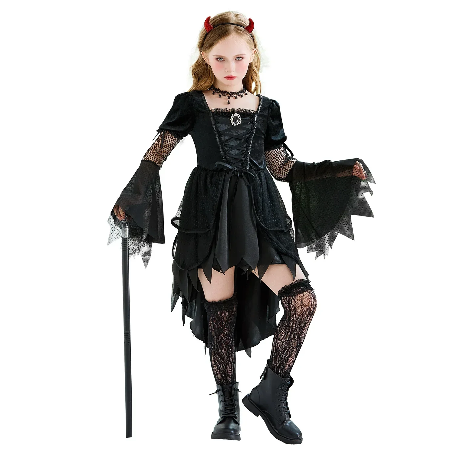 2026 Halloween Girls Devil Vampire Witch Costume Gothic Irregular Dress With Horn Headband Kids Stage Cosplay Fancy Party Outfit