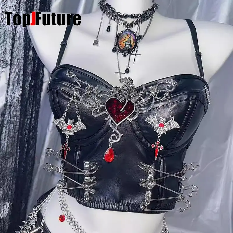 

Y2K spicy girl European/American Sexy Punk Gothic Subculture Pin and Heart PU Sling Vest Music festival Street rock Top