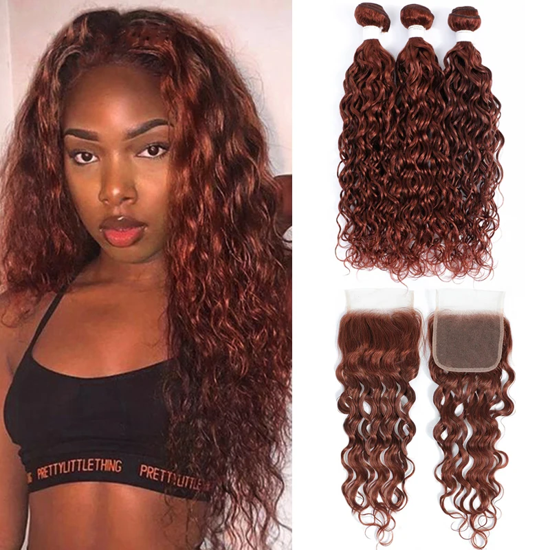 Water Wave Human Hair Bundles With Closure Auburn Brown Colored Hair Weave Bundles With Closure Brazilian Remy Hair Bundle Deals