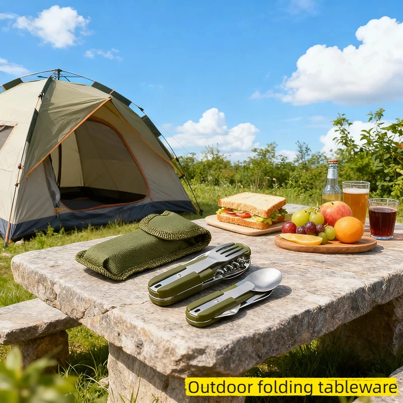 7 in 1 Outdoor Camp Tableware Survival Tools Multifunctional Stainless Steel Foldable Fork Spoon Knife Picnic Camping Dinnerware