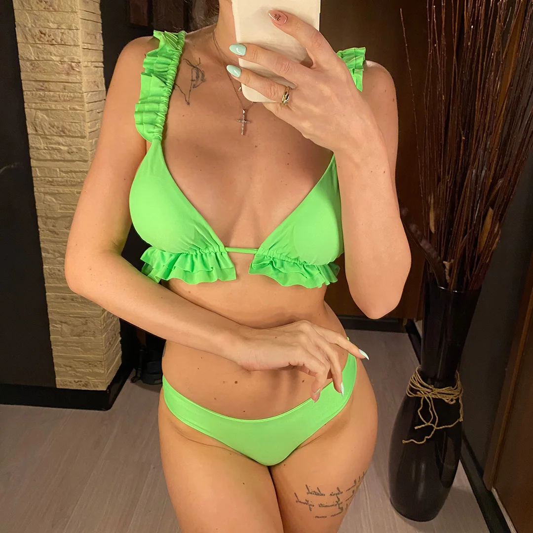 2026 Rüschen-Bikini Damen-Badeanzug Zweiteiliger Bikini-Set mit mittelhohem Bund Badebekleidung für Damen V2358 – Detail 14