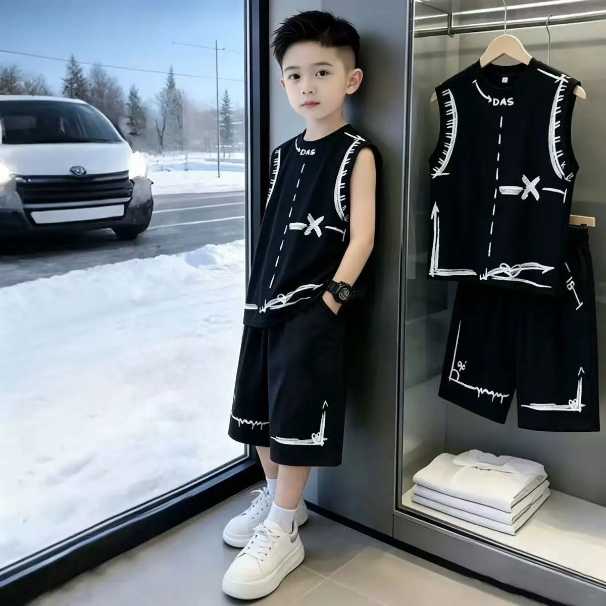 Boys Tide Cool 2026 Summer Sleeveless Graffiti Vest Top+Short 2pcs Set Kids Boutique Sport Outfits Teens Korean Casual Clothes