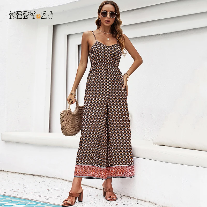 Summer Women's Jumpsuit Floral Female Human Cotton Long Jumpsuits Loose Trousers Wide Sleeveless Girls Print One-Piece Outfits