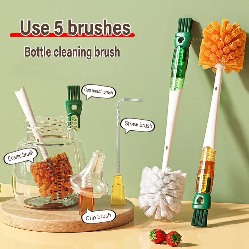 Cepillo de limpieza de tazas 5 en 1, limpiador de huecos de botellas, cepillo para limpieza de grietas, botellas de agua, Herramientas de limpieza, accesorios de limpieza de cocina