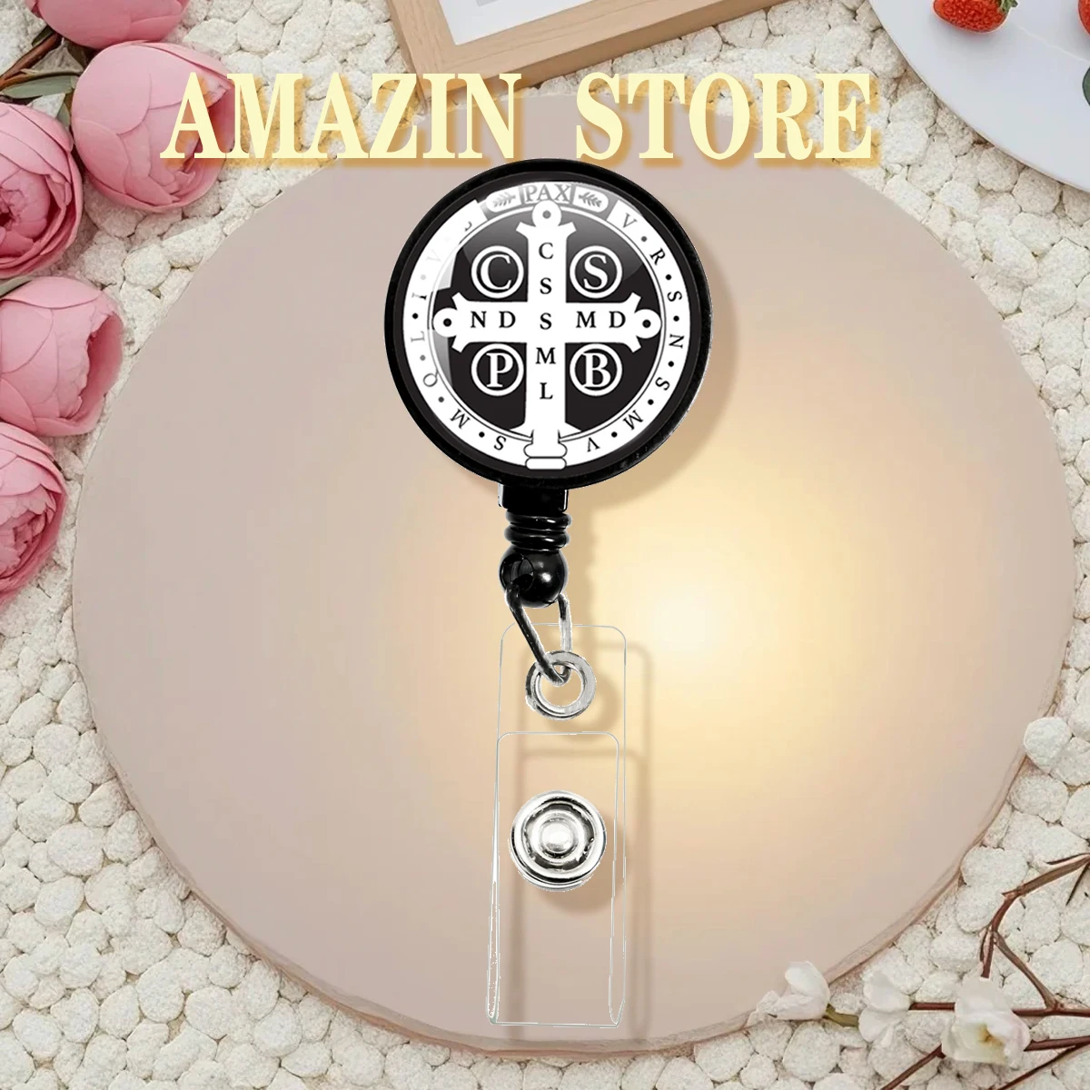 Saint Glass Cabochon Saint Benedict Medallion 30mm Brooches Black ID Name Card Display Tag Staff Card Exorcism Gift