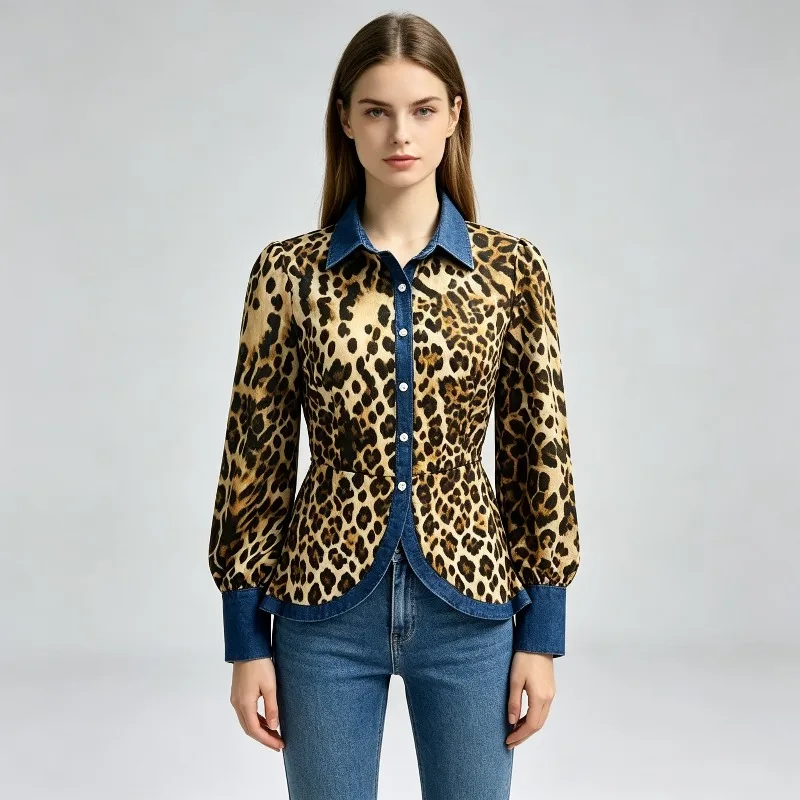 Women Leopard Print Denim Patchwork Blouse Long Sleeve Turn Down Collar Shirt Waist Slim Casual Tops