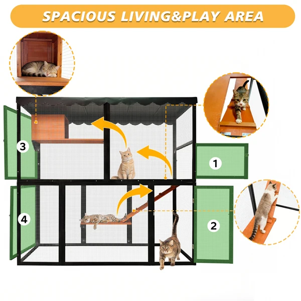Wooden cattery outdoor cat cage large cat house, suitable for walking with multiple cats, indoor four-story cat cage house, with waterproof cover and ramp - does not support self-pick up and does not support designated warehouse delivery -15