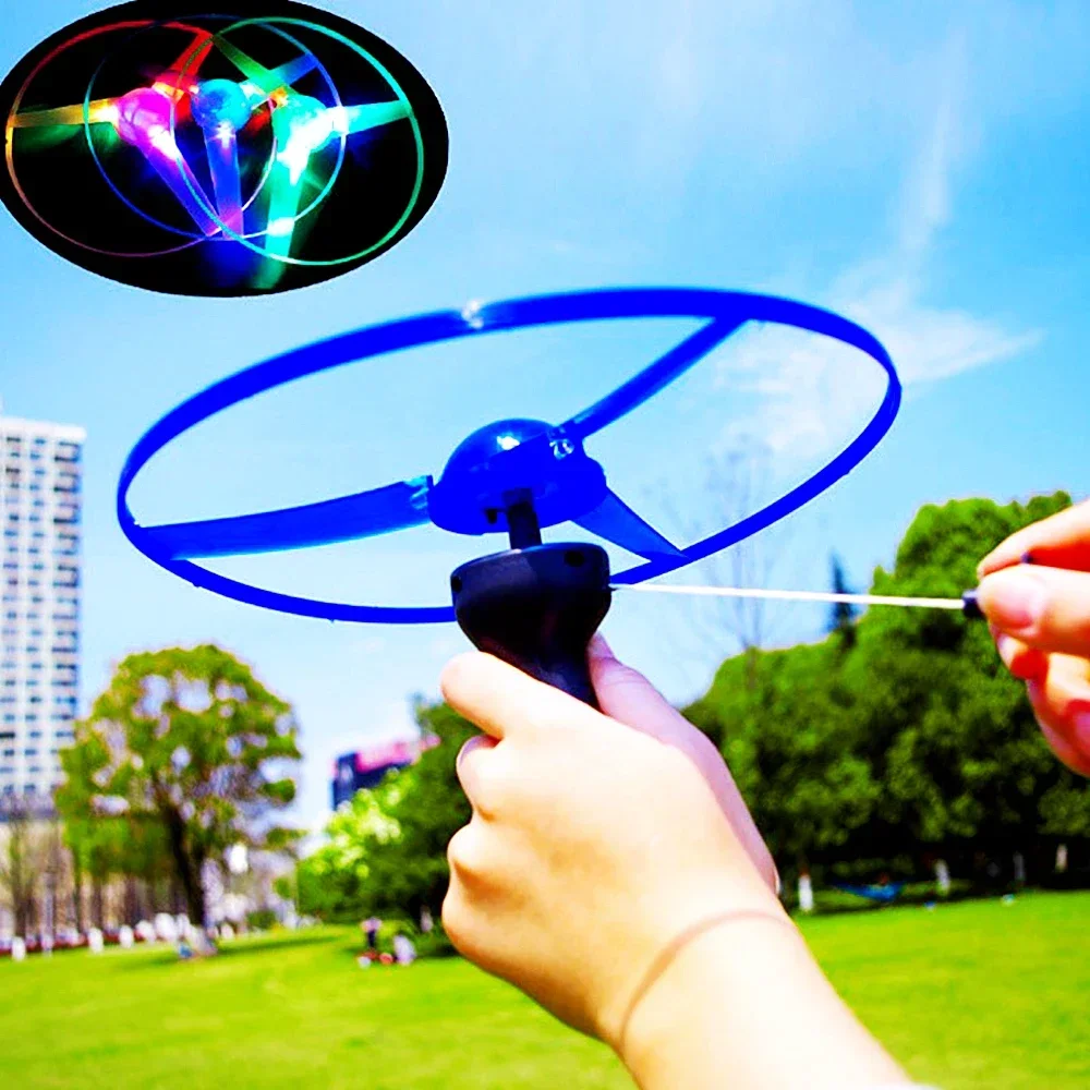 7O-Luminous Flying Disc Propeller Toys LED Lighting Pull String Flying UFO Toy Spinning Top Outdoor Game Sports Toy Gift