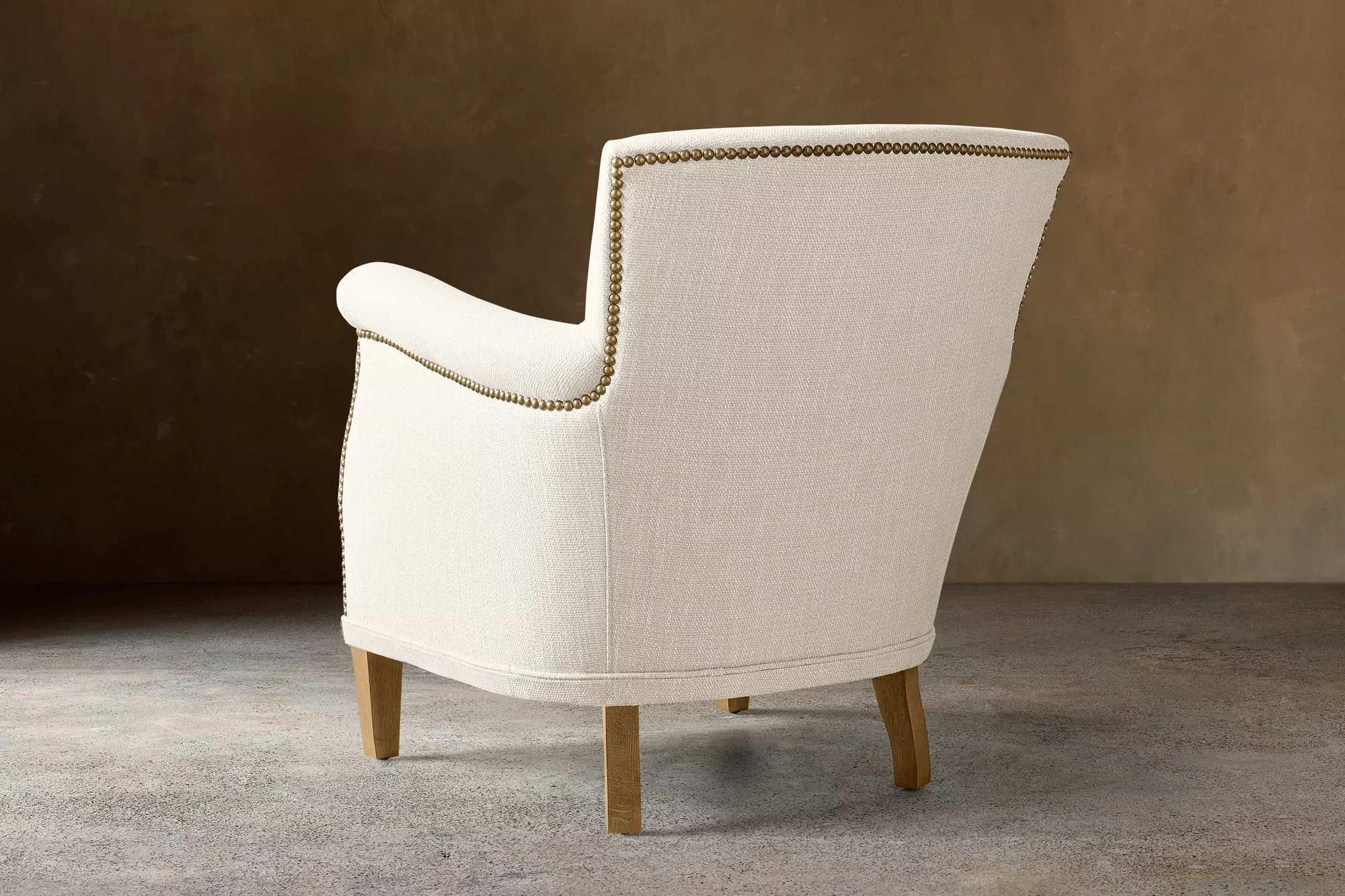 *Rolled Arm Chair With Antique Nailhead Trim  White Textured Fabric Straight Weathered Oak Leg Modern Farmhouse Accent Armchair