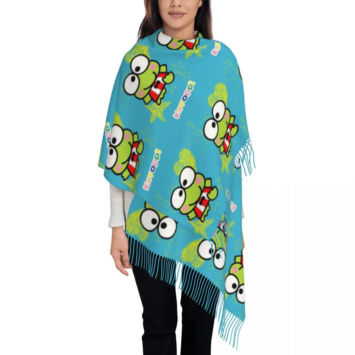 Custom Keroppi Tassel Scarf Women Winter Warm Shawl Wrap Lady Scarves