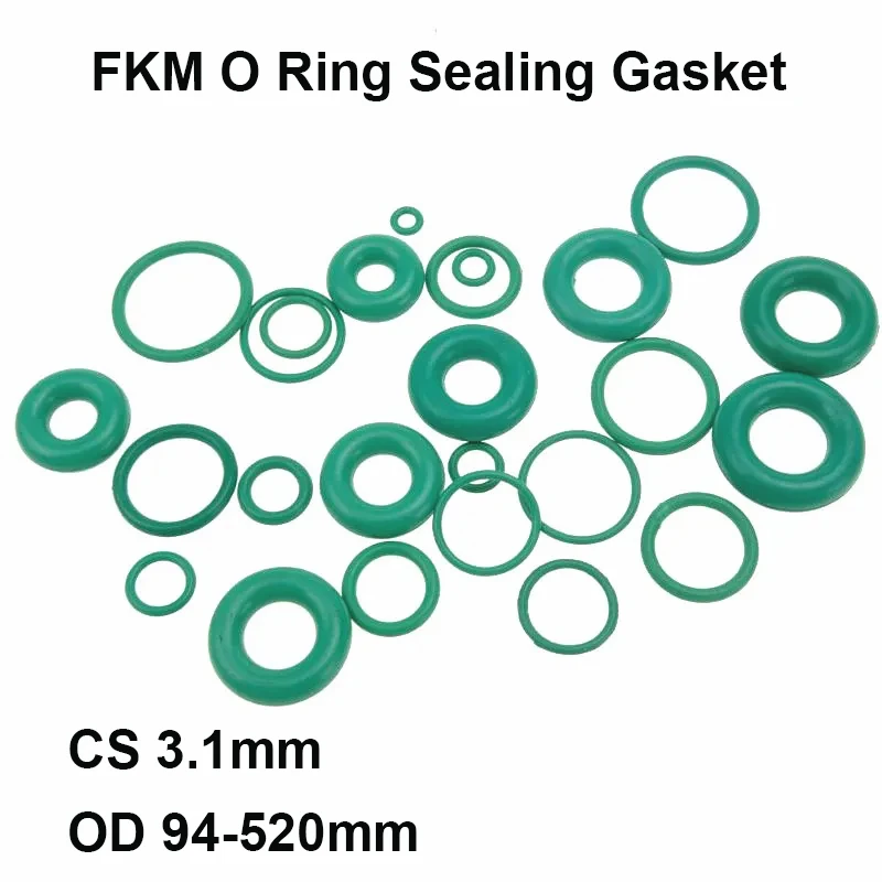 

CS 3.1mm OD 94-520mm FKM O Ring Green Round Fluorine Rubber Sealing Gasket Insulation Oil High Temperature Resistance Washer