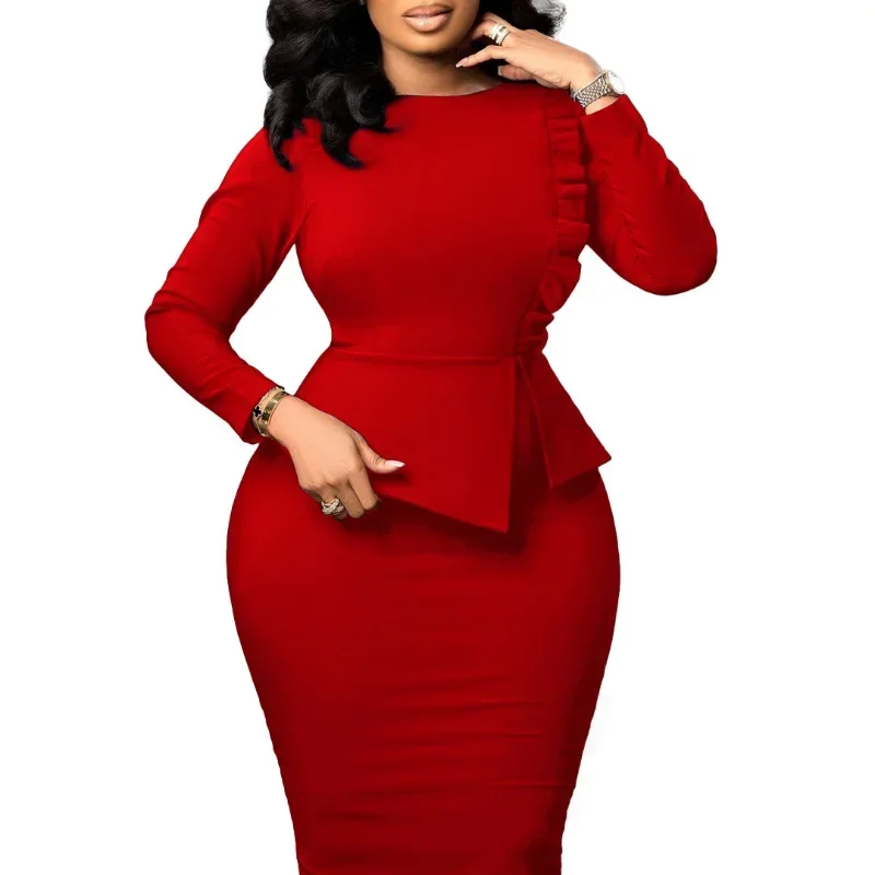 African Dresses for Women 2025 Spring Bodycon Midi Dress Daily Elegant High Waist Long Sleeve Robe Femme African Clothes