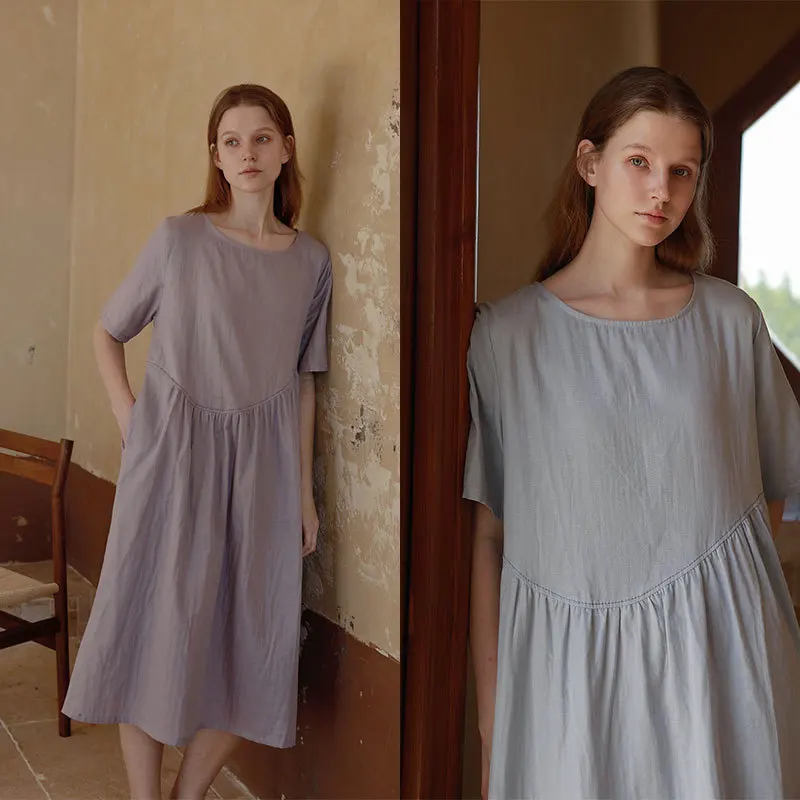 Summer Cotton Double-layer Gauze Home Skirt Loose Solid Color Short-sleeved Nightdress Two-color Choice Round Neck Nightgown