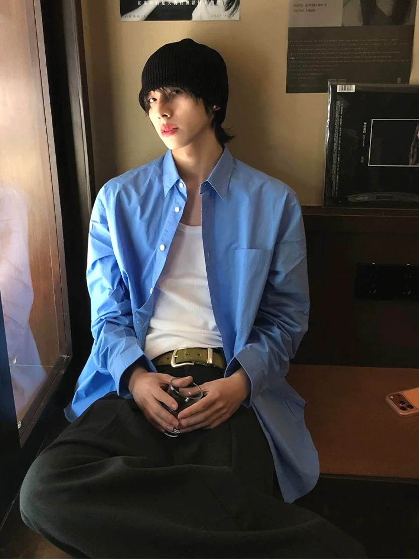 

Klein Blue Washed Cotton Linen Men's Shirt Loose Long Sleeve Sun Protection Open Cardigan Silk Linen Workwear Shirt