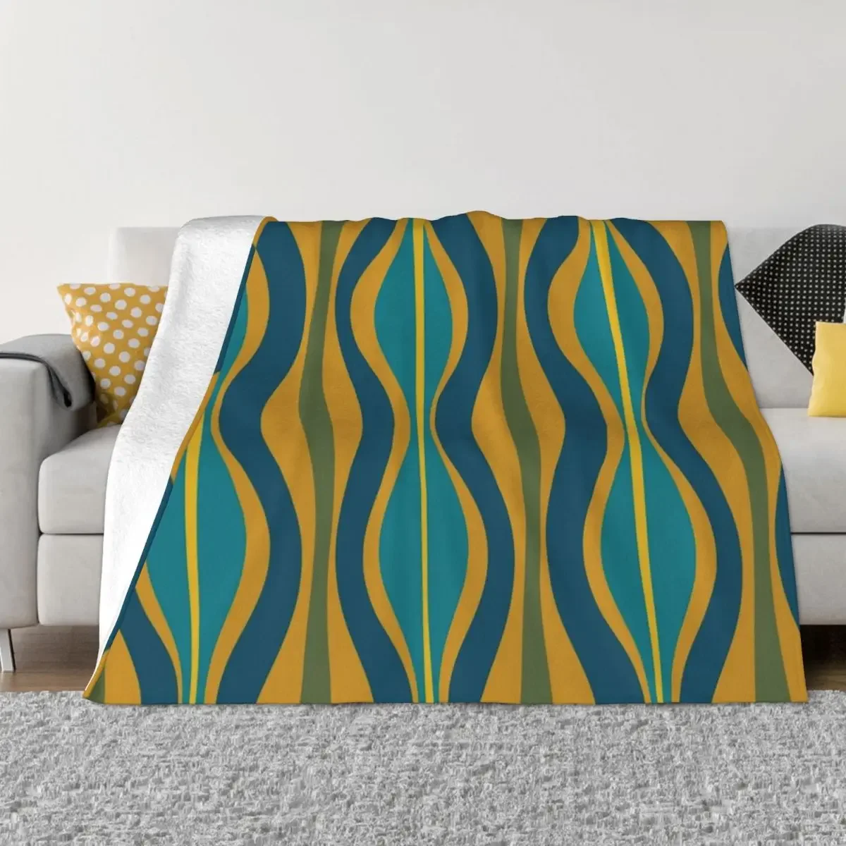 Hourglass Mid-Century Modern Abstract Retro Pattern in Moroccan Blue, Green, Teal, and Mustard Throw Blanket Thins Blankets