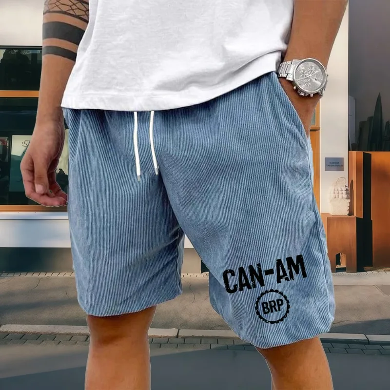 

2026 New Men Corduroy Shorts CAN-AM BRP Letter Print Casual Loose Fit Elastic Drawstring Waist Short Pants Soft Breathable