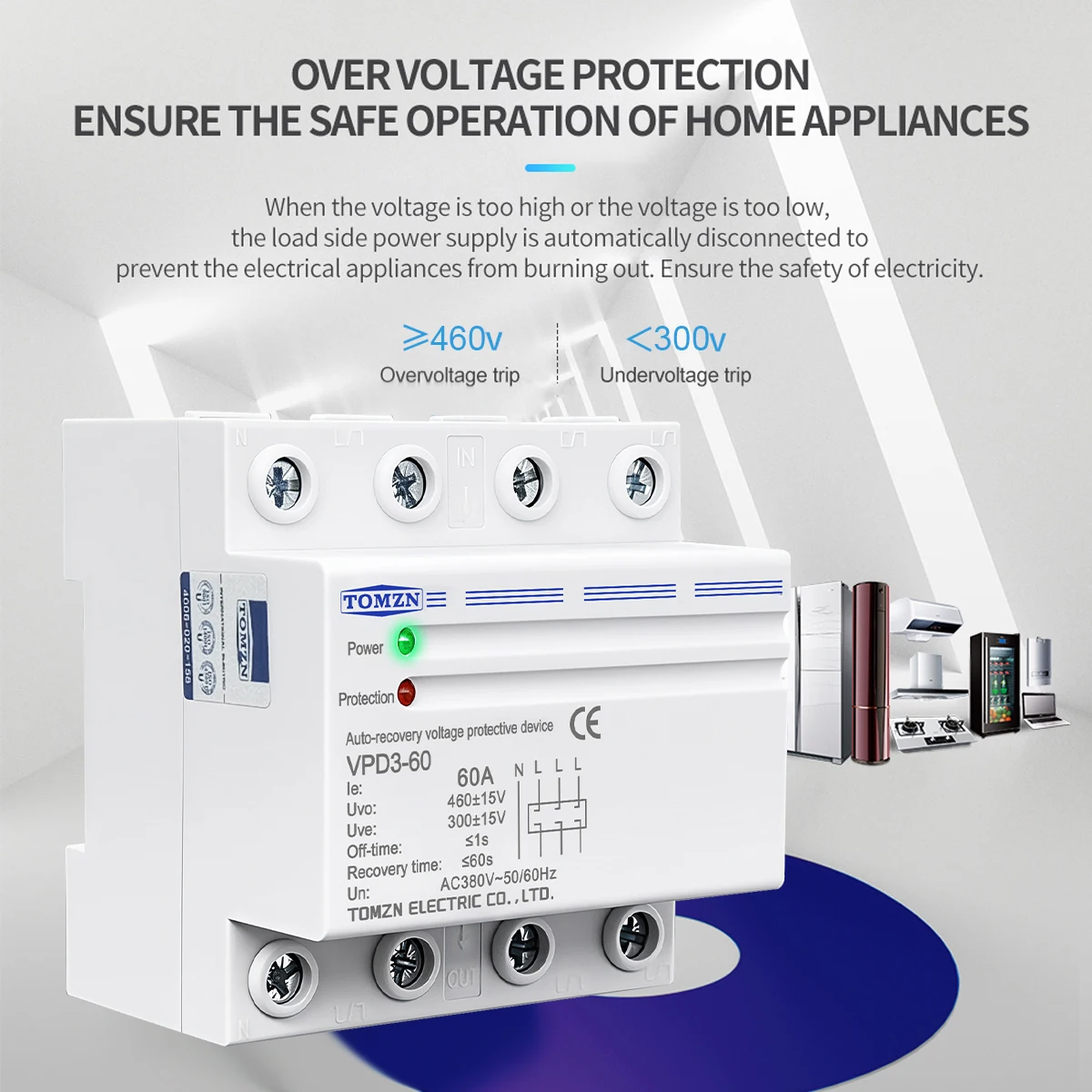TOMZN 60A 380VAC Three Phase Four Wire DIN Rail Automatic Recovery Reconnect Over Voltage And Under Voltage Protection Relay LED