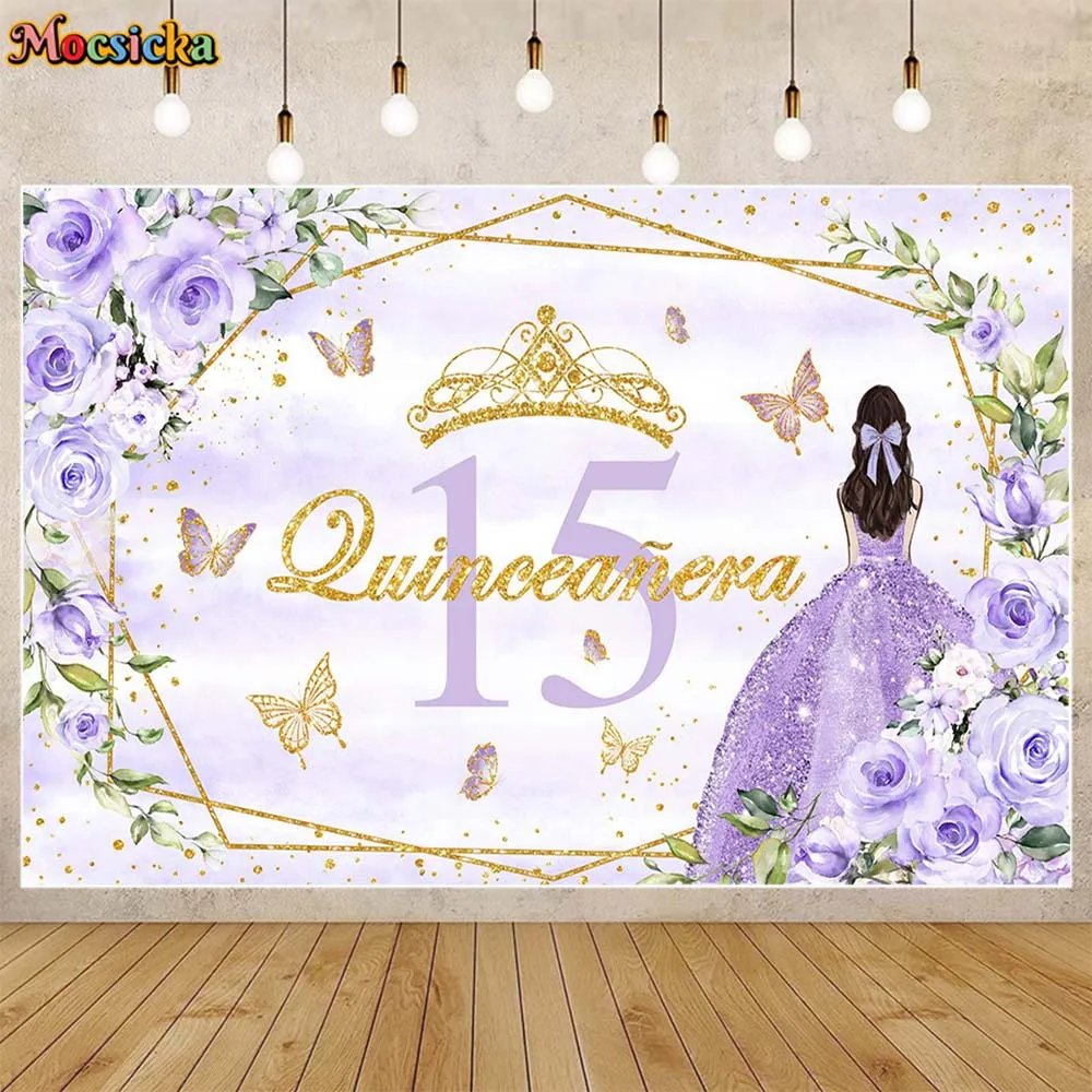 

Mocsicka Princess Quinceanera Backdrop Purplr Dress Flower Crown Girl 15th Birthday Party Decor Background Photoshoot Customized