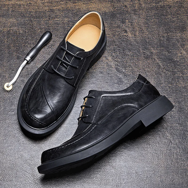 New Black Brown Derby Shoes Men Fashion Dress Lace Up Casual Work Breathable Genuine Leather Formal Business Shoes Male Flats