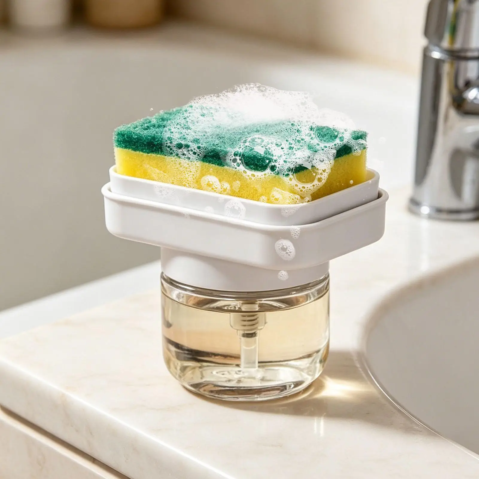 

Kitchen Soap Dispenser Press Type Liquid Detergent Pump Liquid Soap Dispenser With Sponge Holder For Home Bathroom Sink Counter