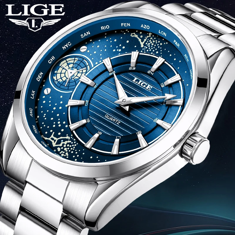 

LIGE Outdoor Sports Men Watch Waterproof Stainless Steel Quartz Wristwatches For Men Fashion Business Ball Dial Design Watch Men