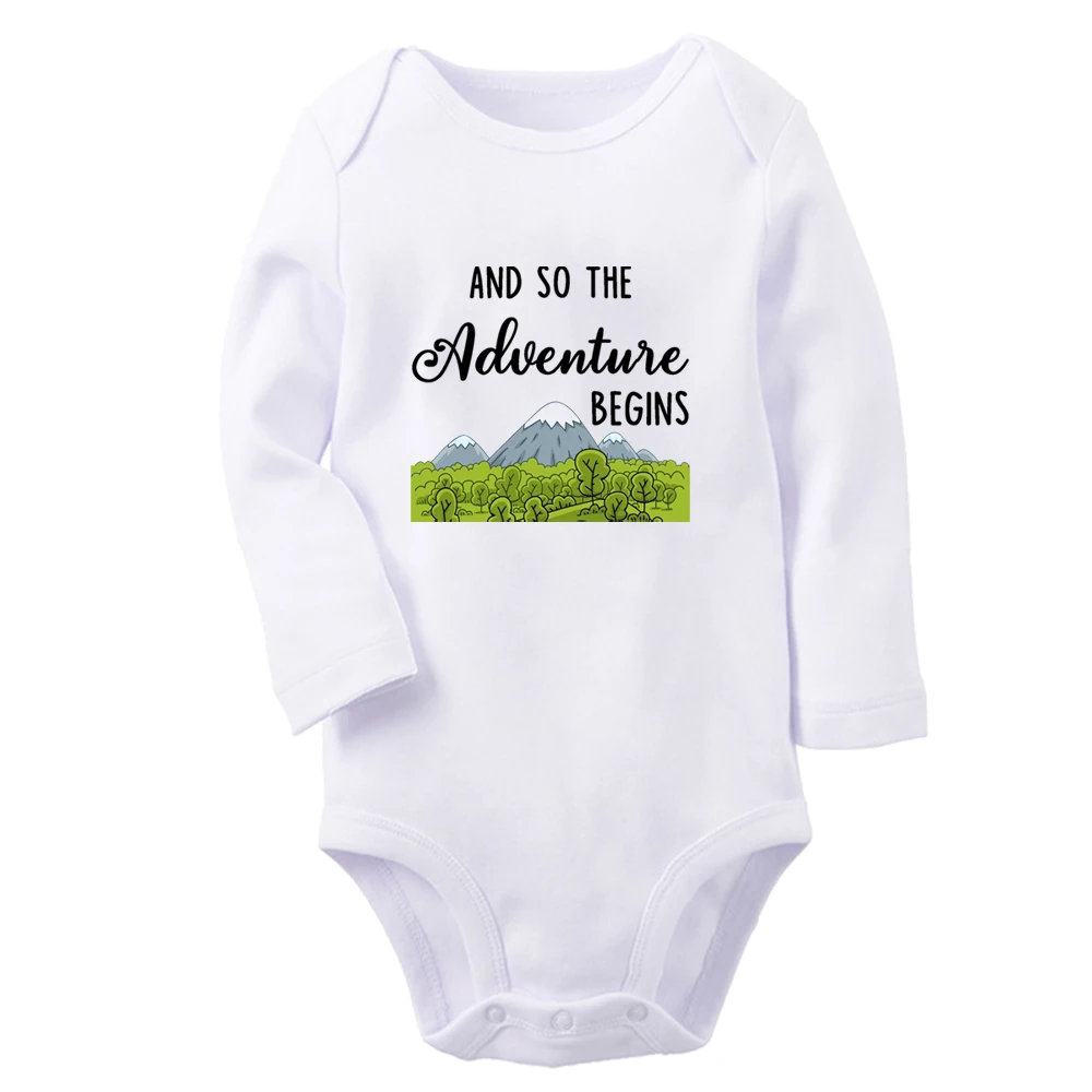 And so the Adventure Begins Fun Graphic Baby Bodysuit Cute Boys Girls Rompers Infant Long Sleeves Jumpsuit Newborn Soft Clothes