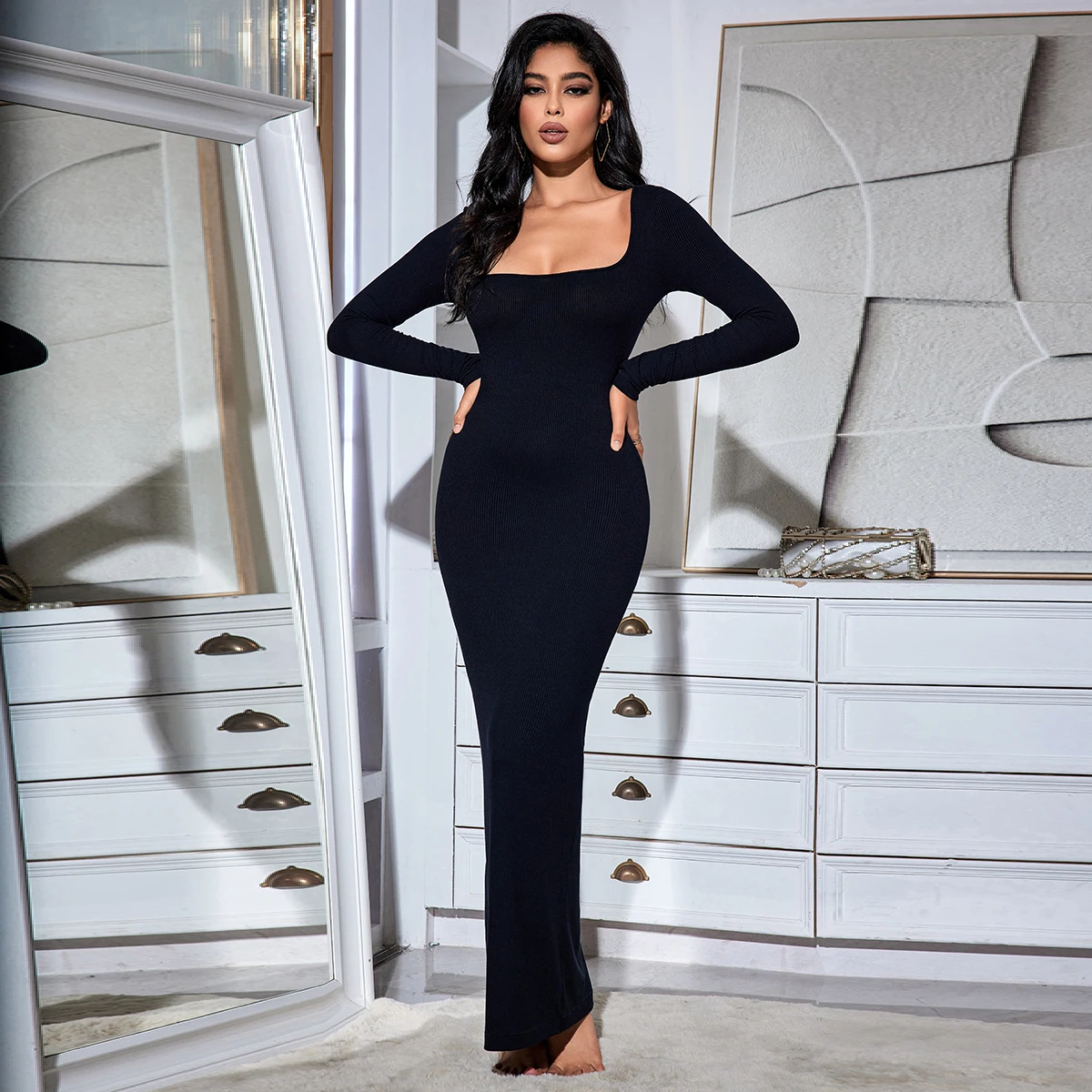 여성용 스퀘어 넥 긴팔 맥시 드레스 골지 바디콘 드레스 여성용 소프트 라운지 드레스