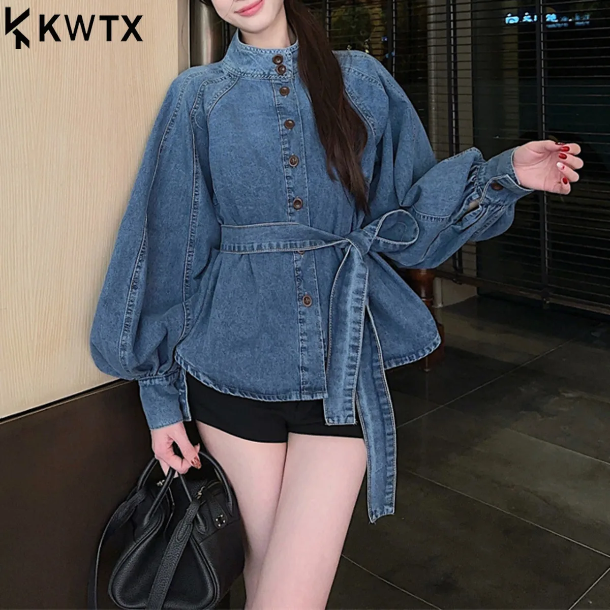 

KWTX 2025 женская джинсовая рубашка-куртка с поясом и рукавами-фонариками, уличный стиль, ретро, простое, высокое качество, Новое поступление, весна-осень