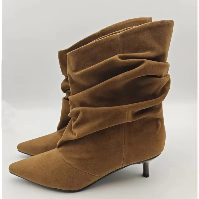 Eilyken Winter Pleated Knee High Boots Women Retro Pointed Toe Kitten Heels Boots Designer Comfortable Light Botas Mujer image 4