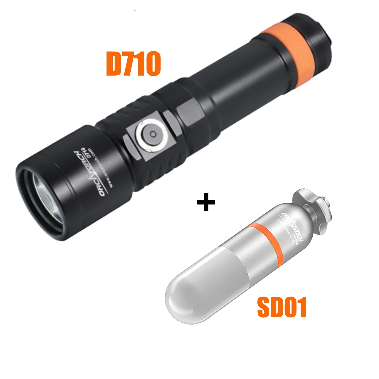 

Orcatorch D710 Diving Flashlight+SD01 PRO Mini Dive Beacon Professional Underwater Lantern LED Submersible Torch Lamp for Diving