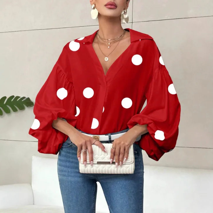 2025 Primavera Autunno Nuovo Alla Moda Polka Dot Mezza Colletto Camicia da Donna Casual Allentato Bolla a maniche lunghe Ufficio Magliette E Camicette Femminile