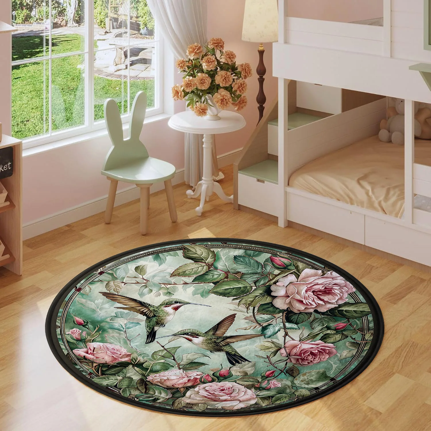 Vintage Hummingbird & Rose Round Rug, Botanical Garden Floor Mat, Nature-Inspired Circle Carpet for Entryway & Living Room