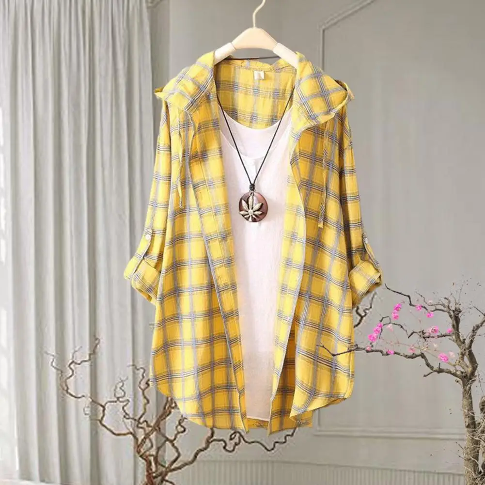 

Женская летняя рубашка-кардиган средней длины с защитой от солнца, свободного кроя, в корейском стиле, в клетку, с капюшоном, тонкий кардиган-пальто